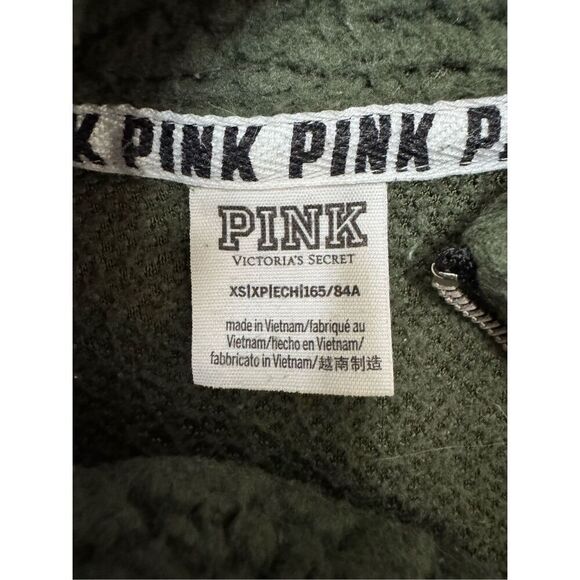 PINK Victoria’s Secret Dark Olive Green Sherpa 1/4 Zip Pullover Size X-Small - Picture 3 of 6